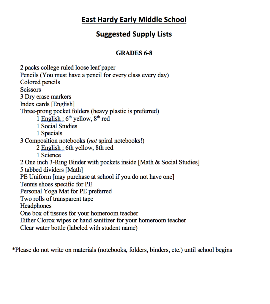 EHEMS Suggested School Supply Lists grades 6, 7, 8