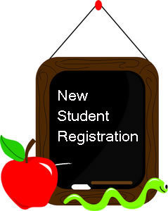 New Student Registration, chalkboard, apple, worm 